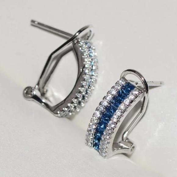 NEW 18K White Gold Blue White Diamond Omega Studs - Picture 3 of 4